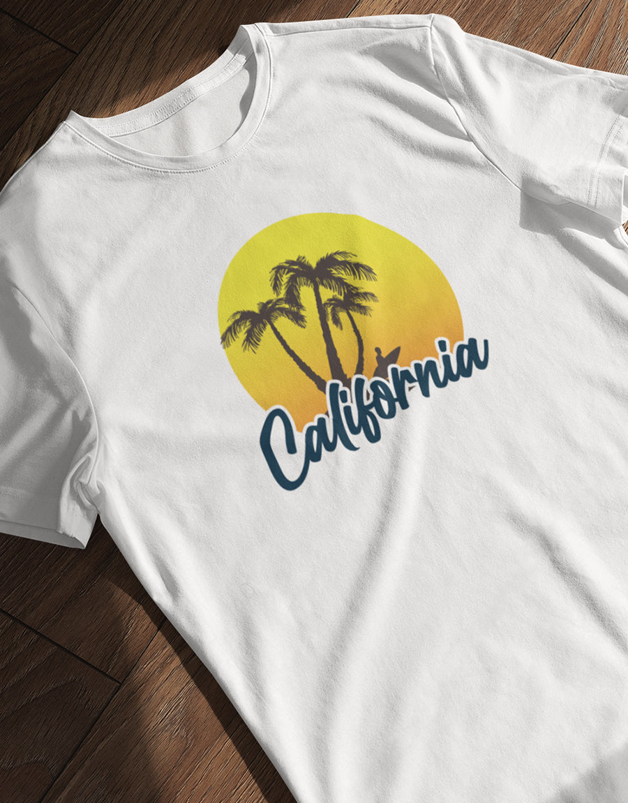"California" T-Shirt - Tropical Vibes with Sunset Design - The Fam Store