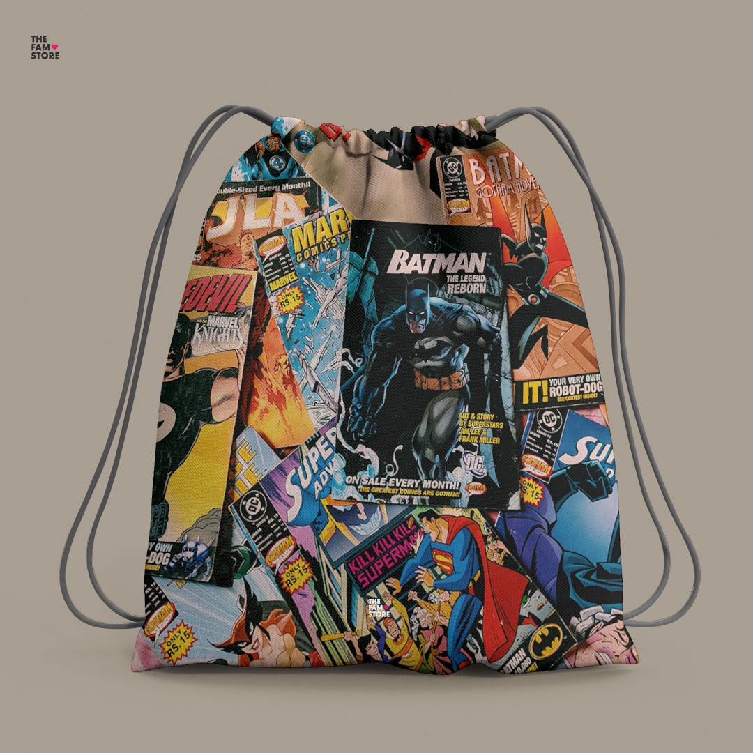 Comic Book Collage Drawstring Bag