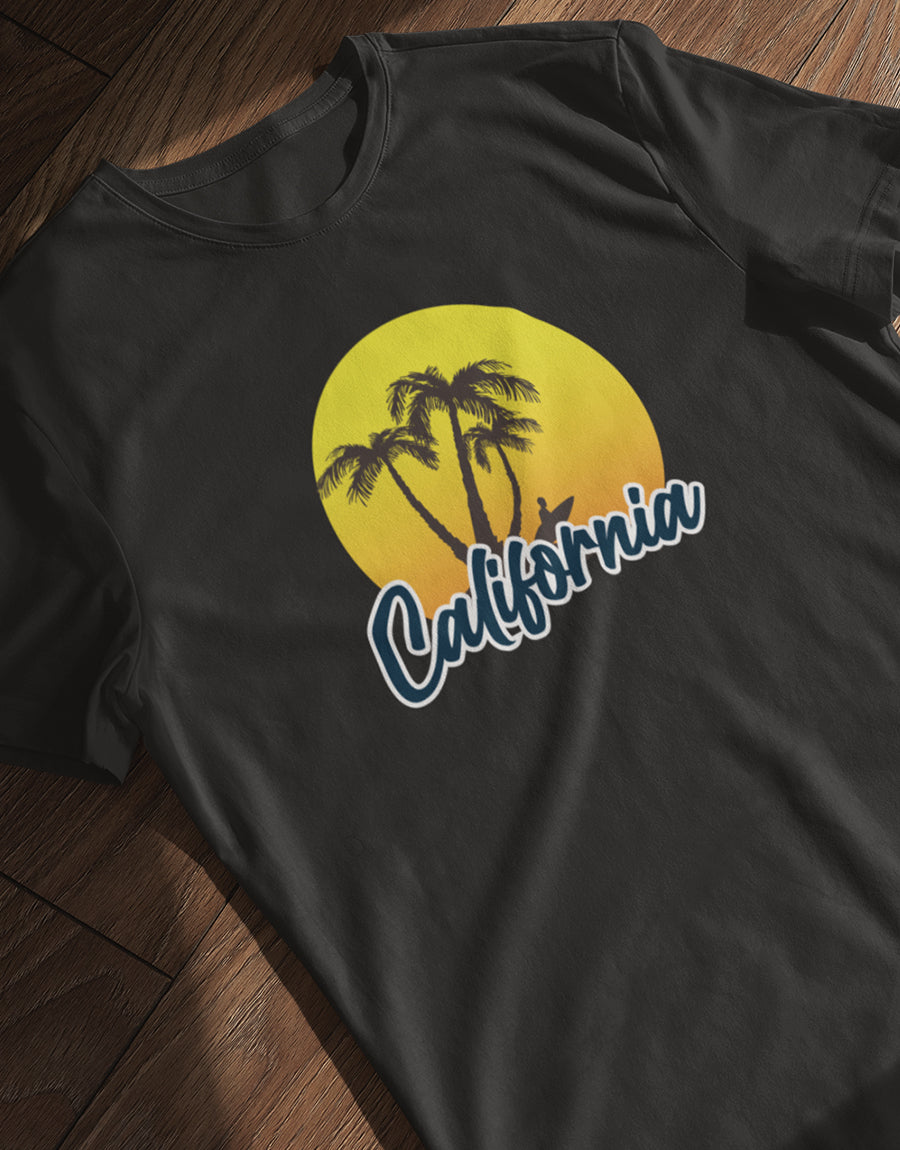 "California" T-Shirt - Tropical Vibes with Sunset Design - The Fam Store