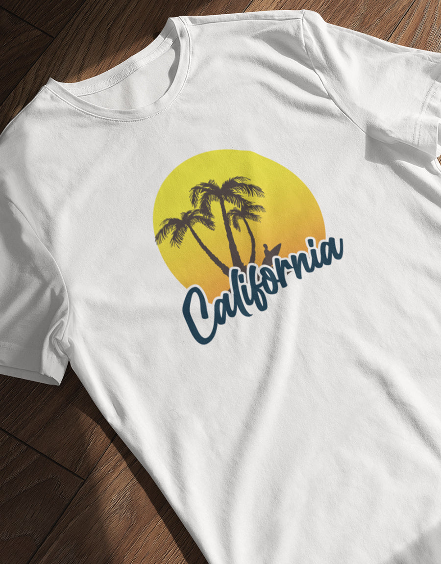 "California" T-Shirt - Tropical Vibes with Sunset Design - The Fam Store